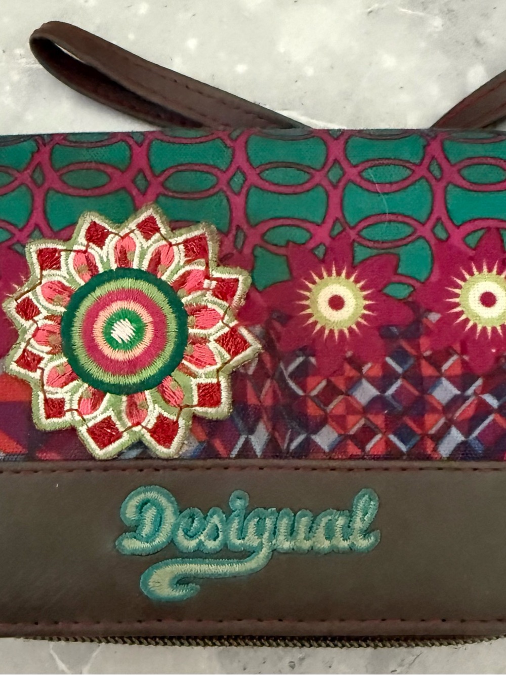 Desigual Shoulder Bag with Green and Pink Embroidery
